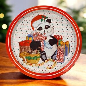 VTG Panda Claus Christmas Cookie Tin Tray | 90s Holiday Metal Platter 11”